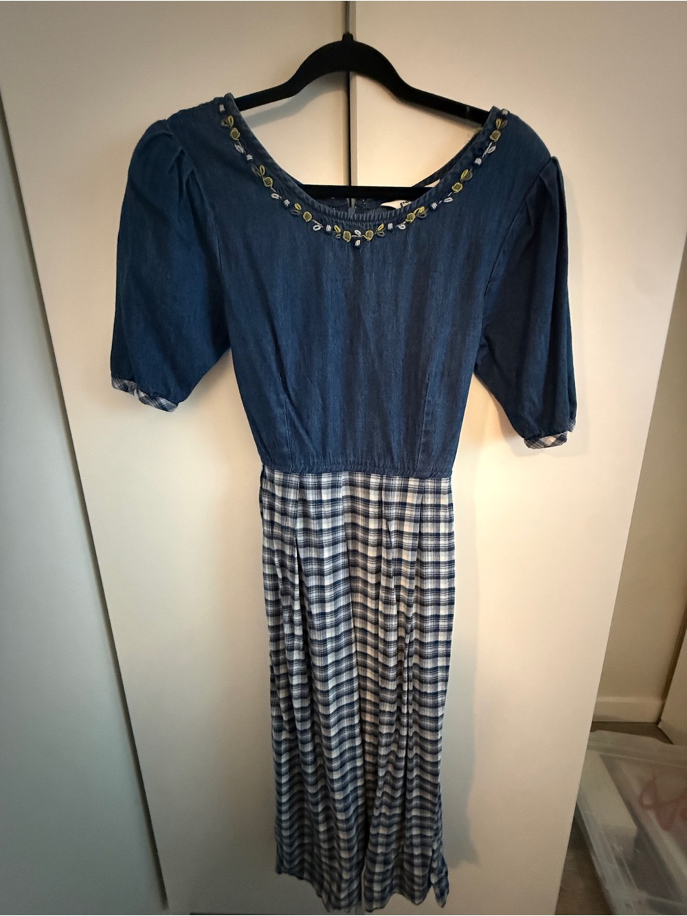 Vintage Poems by Esteem Plaid Maxi Dress with Embroidered Neckline